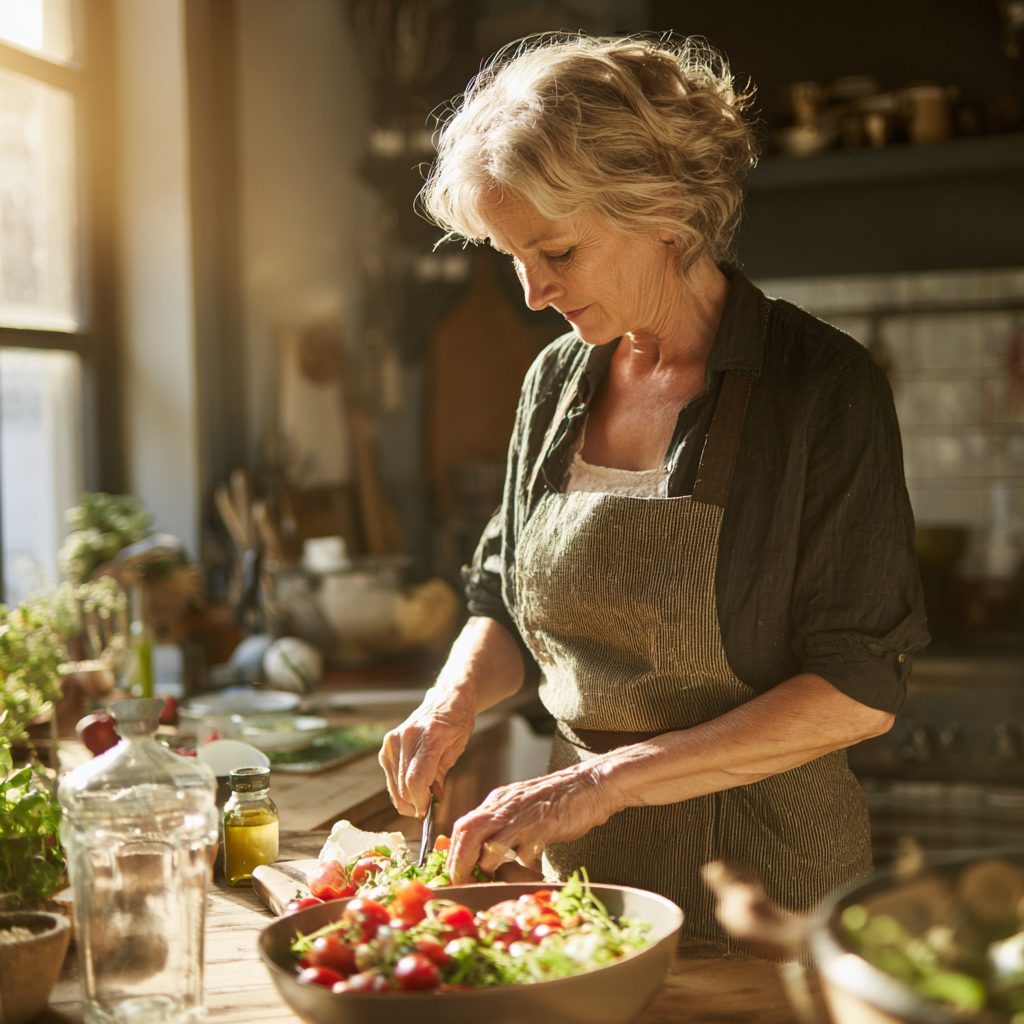 50 years old woman preparing colorful salad in sunlit kitchen