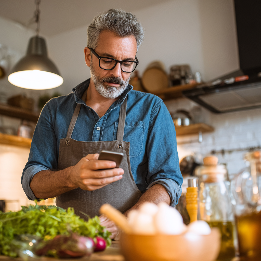 51 years old  man using smartphone to check meal plan while cooking in modern kitchen