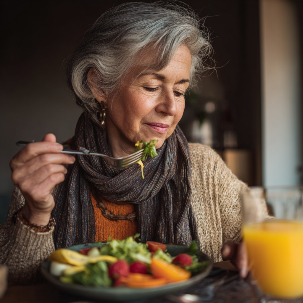 52 years old woman sharing healthy meal at community gathering